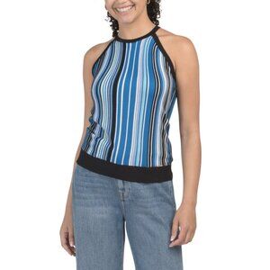 ELIE BY ELIE TAHARI Blue Combo Strapped Halter Neck Striped Tank Top